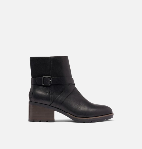 Sorel Cate Buckle Bootie Støvletter med Kilehæl Dame Sort | KBFWMG-854